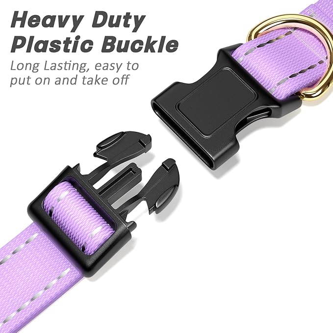 Reflective Dog Collar for Large Dogs, Cute Adjustable Heavy-Duty Nylon Puppy Collars for Boy and Girl Female, Soft Pet Accessories with Quick Release Buckle, Neck 16-24", Purple