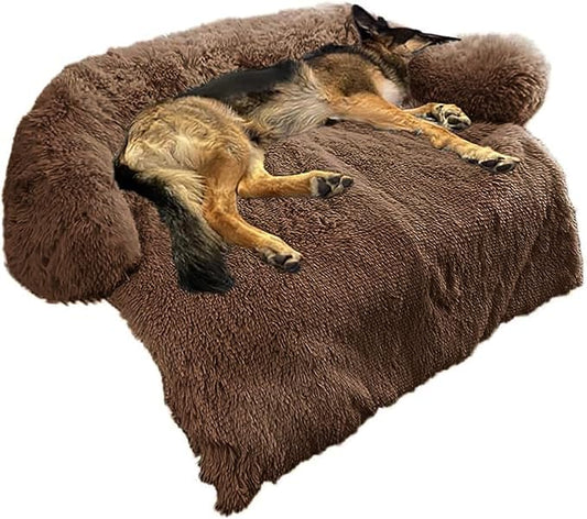 Calming Dog Bed Fluffy Plush Dog Mat for Furniture Protector with Removable Washable Cover for Large Medium Small Dogs and Cats (Large, Coffee)