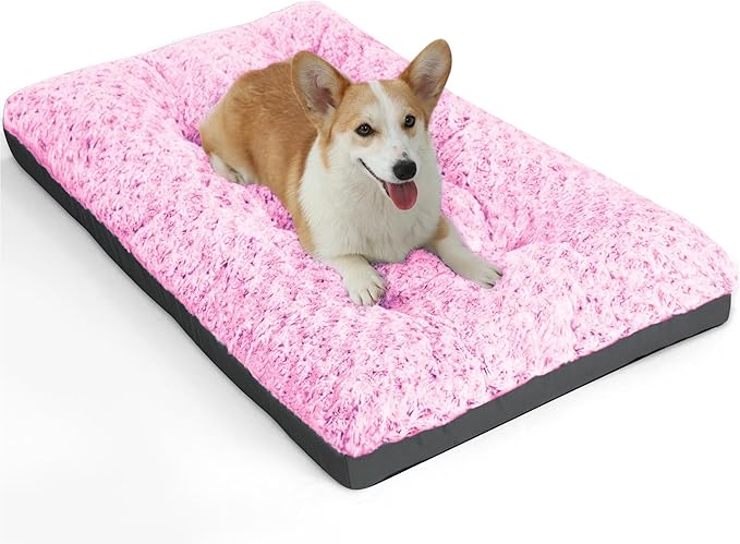 POCBLUE Deluxe Washable Dog Bed for Medium Dogs Dog Crate Mat 30 inch Comfy Fluffy Kennel Pad Anti-Slip for Dogs Up to 40 lbs, 30" x 19", Pink