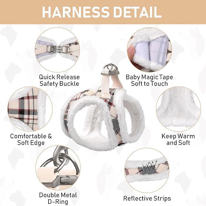 GAMUDA Small Dog Harness Collar and Leash Set, Step in No Chock No Pull Soft Mesh Adjustable Dog Vest Harnesses Plaid Reflective for Dogs Puppy Cats Kitten Rabbit (Warm Beige, M)