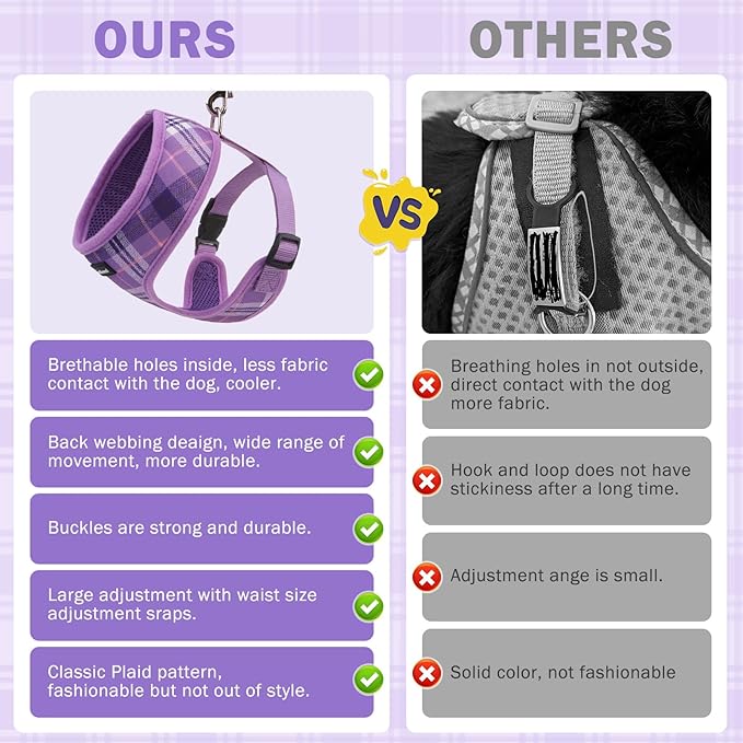 SCENEREAL No Pull Dog Harness Collar and Leash Set Small Medium Sized Dog, Soft Mesh Step in Puppy Harnesses, No Chock Plaid Adjustible Pet Vest for Outdoor Walking Training and Running, Purple XS