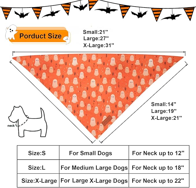 PTDECOR Halloween Dog Bandana, Ghost Pumpkin Design Reversible Holiday Dog Scarf, Triangle Halloween Bandanas for Large X-Large Dogs (X-Large)