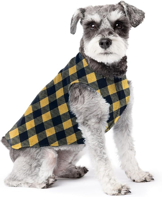 Stretch Fleece Dog Coat, Stretchy Pet Sweater, Machine Washable Pullover for Winter and Fall, Gold Buffalo Check, 10