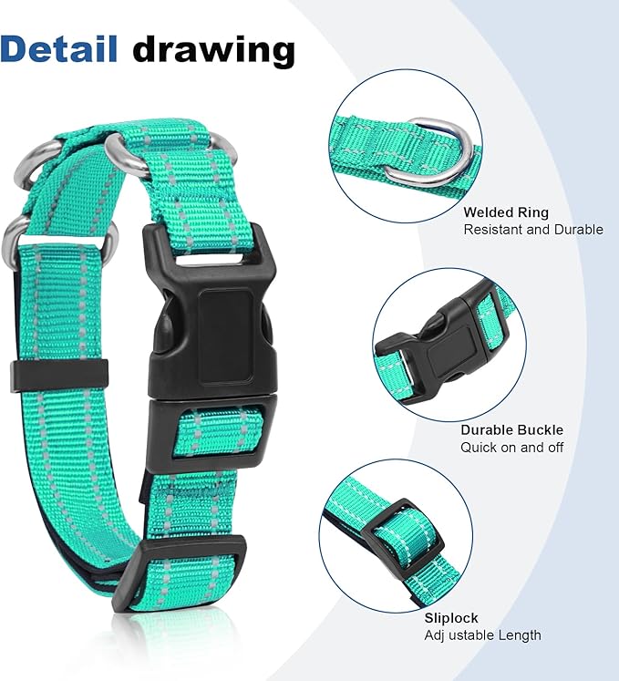 Reflective Martingale Dog Collars. Dog Collar with Quick Release Buckle. Adjustable Soft Padded Breathable Nylon Pet Collar Suitable for Puppies for Small Medium Large Dogs.
