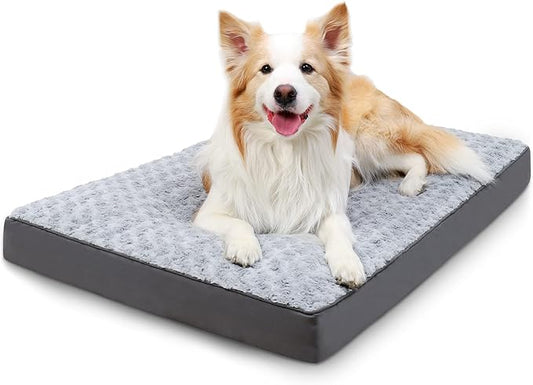 Waterproof Dog Crate Bed for Large Dogs - Rose Velvet Soft Fluffy Washable With Removable Cover & Anti-Slip Bottom, 41 x 27 Inch, Light Gray