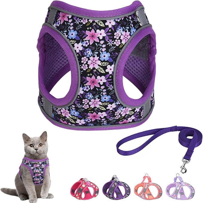 Step in Dog Harness and Leash Set, Flower Adjustable Easy Walk Puppy Harnesses, Soft Mesh Pet Vest Harness Small Size Adjustable No Pull Dog Harness for Small Dogs and Cats(Purple, XXS)