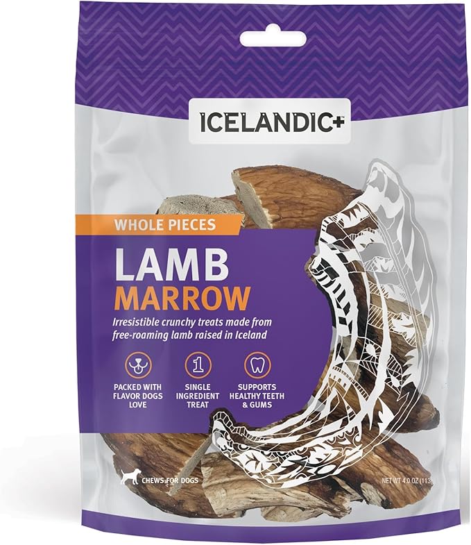 Icelandic+ Lamb Marrow - Whole Pieces - 4oz Bag - 2.5-3" Dog Chews, Long-Lasting Crunchy Treats, Keratin, All-Natural, Pet Snack, Edible & Digestible