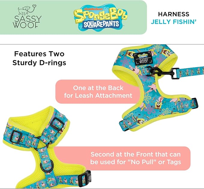 Dog Adjustable Harness - Spongebob Squarepants™ Jelly Fishin' - XL, Breathable Mesh, No Pull Design with Two D-Rings, Patented Design, Ideal for Extra Large Dogs - Officially Licensed