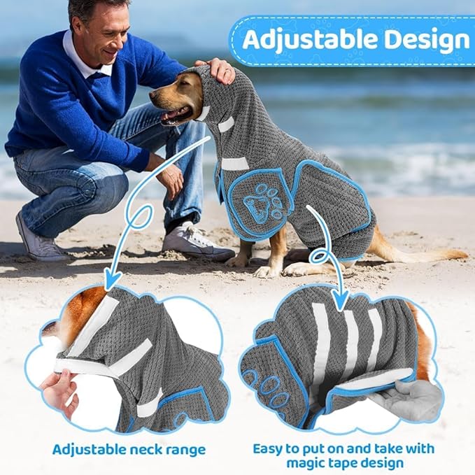 SlowTon Dog Bathrobe Towel - Super Absorbent Microfiber Pet Quick Drying Towel, Wearable Soft Bath Robes for After Bath Shower Swim Wet Walk, Adjustable for Small Middle Large Dogs (GY, 2XL)