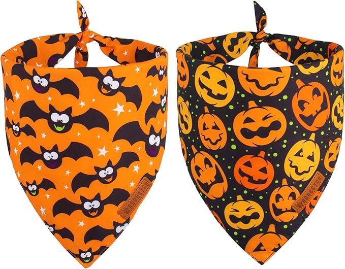 ADOGGYGO Halloween Dog Bandana, Pumpkin Bat Pet Scarf, Premium Durable Fabric, Adjustable Fit Halloween Bandanas for Medium Large Dogs Pets (Large)