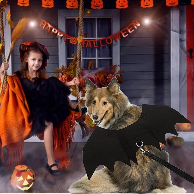 Dog Bat Wings Halloween Pet Costume 3PCS Funny Cat Dog Wings with Leash Pumpkin Jingle Bell Cosplay Bat Clothes for Small Medium Large Dogs Puppy Holiday Outfit Dress