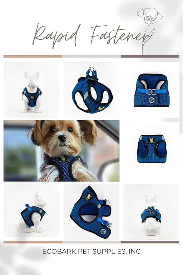EcoBark Step in Dog Harness - Eco-Friendly Teacup Dog Harnesses for XXS, XS, and Small Dogs - Reflective and Adjustable Mini Body Halter Vest -Tiny Soft Mesh Toy Breed Harness (Bright Blue, XXS)