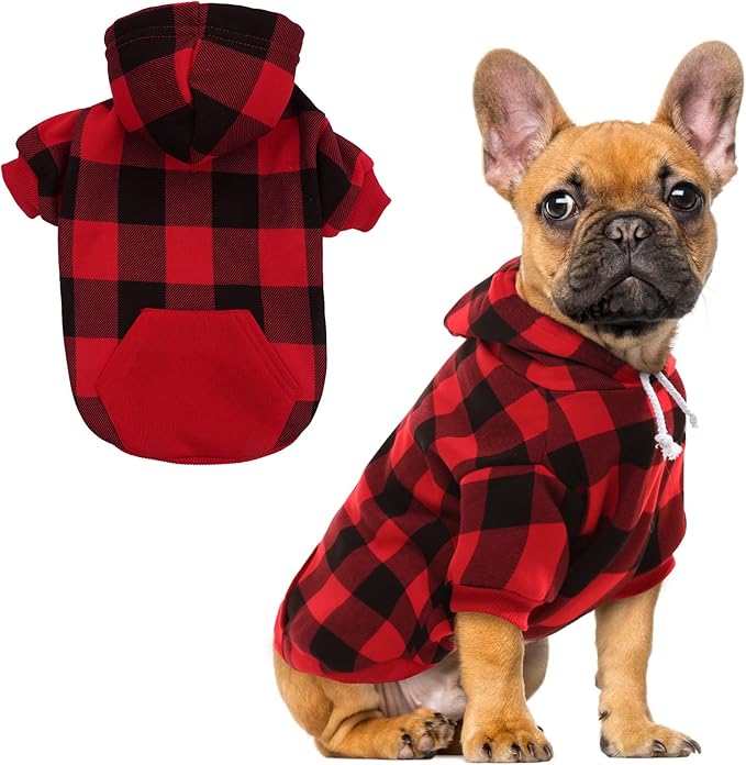 EXPAWLORER Plaid Dog Hoodie - British Style Warm Dog Sweater Shirt with Leash Hole,Pitbull Clothes Outfits,Winter Coat Apparel for All Breeds Puppy Girl Boy-Cat Apparel