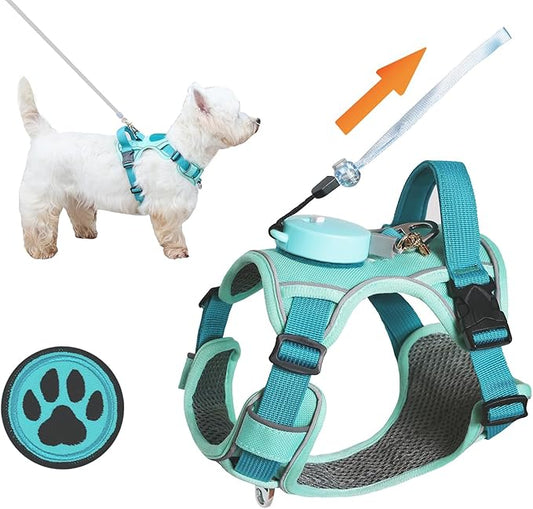 Dog Harness for Small Dogs up to 16lbs, 3-in-1 No Pull Lightweight Harness with 6.6ft Retractable,Wearable Leash Set,Front Clip,Handle,Reflective Dog Vest with Patch,Wrist Strap,Free Hand Leash-Blue
