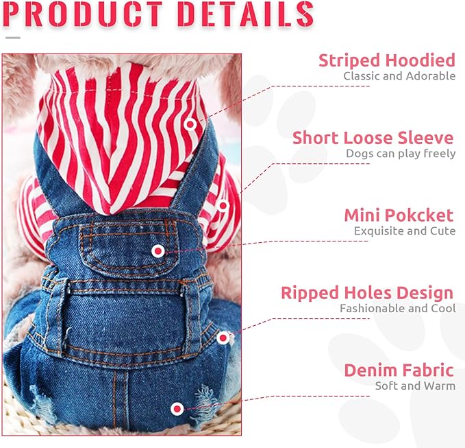 Small Dog Hoodie Clothes Cute Stripe Shirts Denim Jumpsuit One-Piece Outfit for Small Medium Dogs Cats Boy Girl Chihuahua Blue Jeans Overalls Puppy Costume (Red,XS)