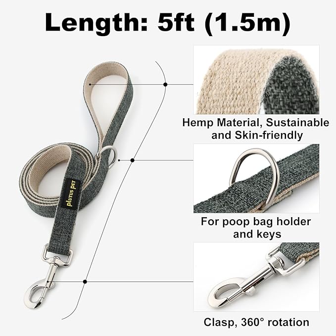 Plutus Pet Cotton Hemp Dog Collar and Leash Set, Adjustable Collar for Small, Medium, and Large Dogs, Heavy Duty and Soft on Skin, Gray, XS