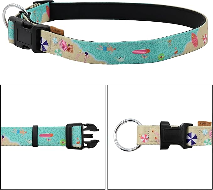 Dog Collar, Cute Holiday in Beach Pattern, Neoprene Padded and Adjustable Collar with Quick Release Buckle, Reinforced Structure (L (Neck 18-28", Width 1"), Beach Green)