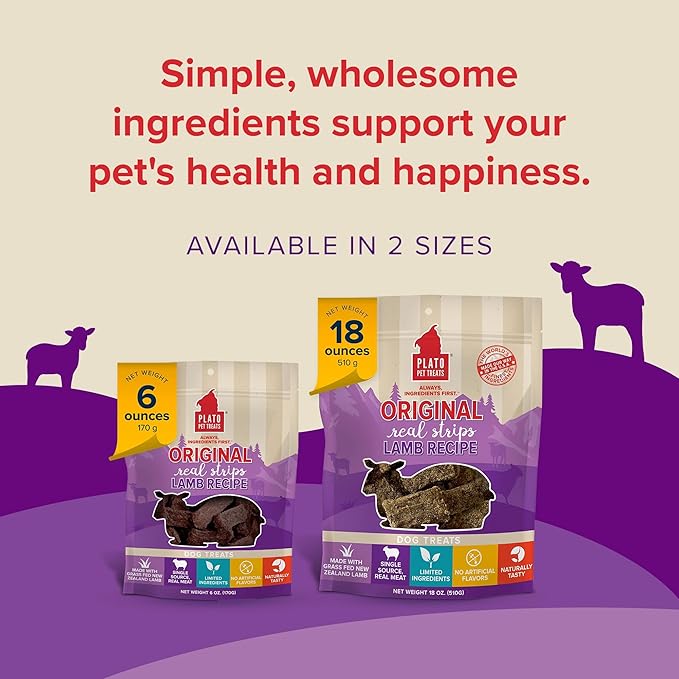 Plato Pet Treats Real Strips - Air-Dried Meat Bars for Dogs - Delicious, Limited Ingredient Dog Treats - Grain Free Dog Treats - Original Real Strips Lamb 6oz