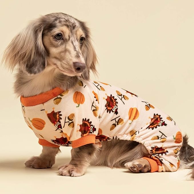 Fitwarm Thanksgiving Turkey Dog Pajamas, Funny Dog Winter Clothes for Small Dogs Girl Boy, Pet Jumpsuit, Cat Onesie with Feet, Lightweight Velvet, Orange, XS