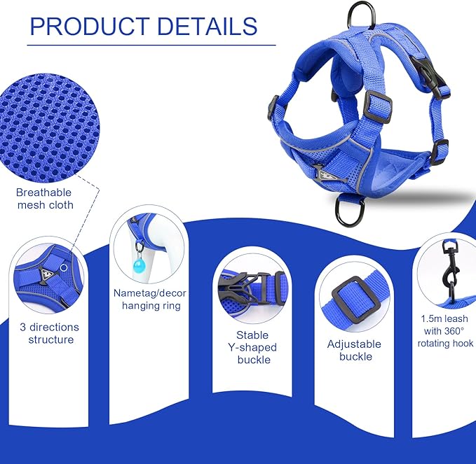 Vest Harness Leash Set for Small Dog Large Cat, Kitten Escape Proof Adjustable Jacket with Lead for Puppy Fat Cat Outdoor Walking, Soft Breathable Mesh Coat with Reflective Strip,XL Blue