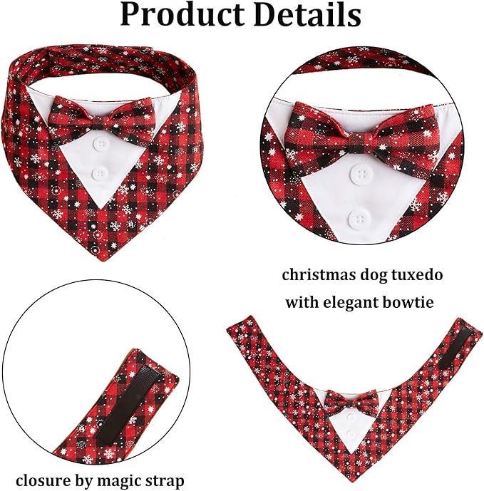 Adjustable Red Plaid Christmas Dog Tuxedo Bandana with Bow Tie - Holiday Pet Outfit Costume for Dogs XS to XL