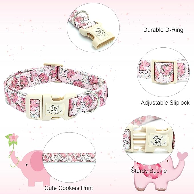 Elegant little tail Dog Collar, Elephant Cookies Pattern Pet Collar Pink Durable Holiday Female or Male Adjustable Cotton Pet Collar with Quick Release Buckle for Small Dogs