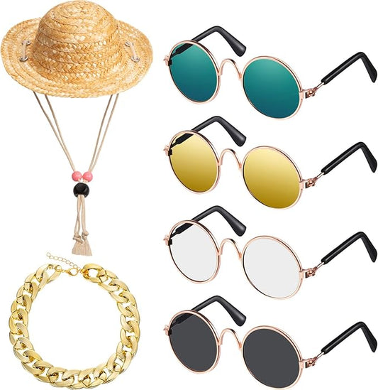 Weewooday 6 Pieces Dog Cat Costume, Pet Sunglasses and Summer Straw Hat with Faux Gold Chain Collar, Classic Funny Pet Accessories for Cat Puppy Small Medium Dog(Cute Style)