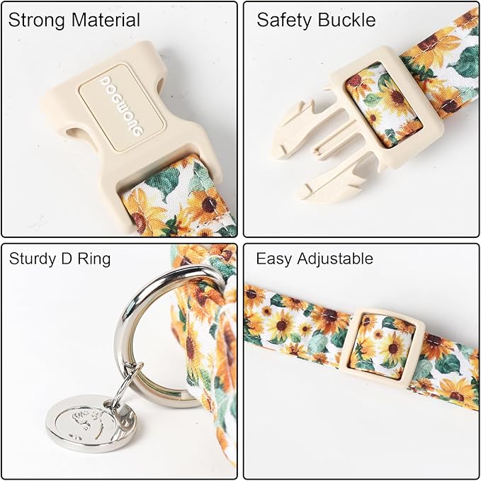 DOGWONG Female Cotton Sunflower Dog Collar - Durable Soft Natural Fabric Spring Pet Collar for Small Medium Large Dogs