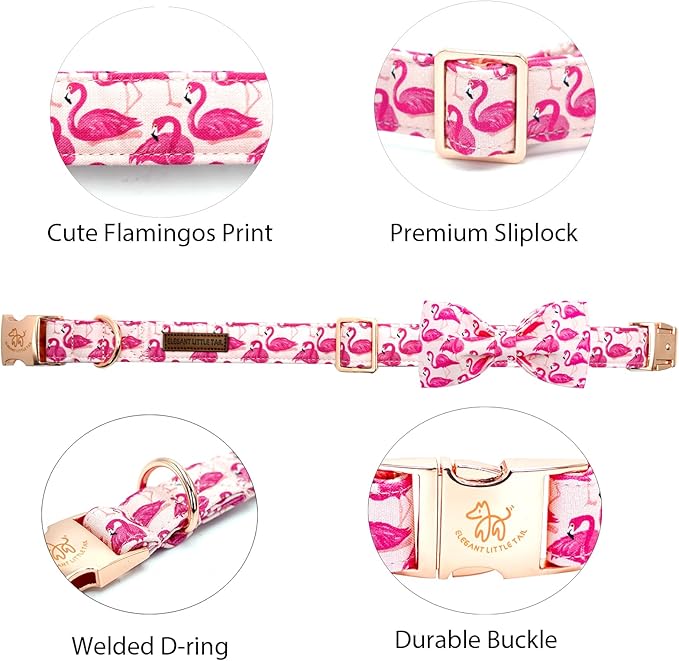 Elegant little tail Dog Collar, Pink Flamingos Puppy Collars Pet Collar with Bow Girl Cotton Bowtie Collars Spring Gift Adjustable Dog Collar for X-Large Dogs