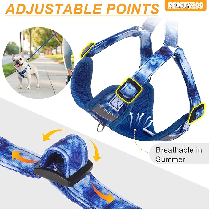 BEAUTYZOO Dog Harness Collar and Leash Set, No Pull Step in Pet Harness for Small Sized Dogs, Adjustable No Escape Puppy Vest Harnesses Outdoor Walking Running, Soft Reflective Vest, Dark Blue S