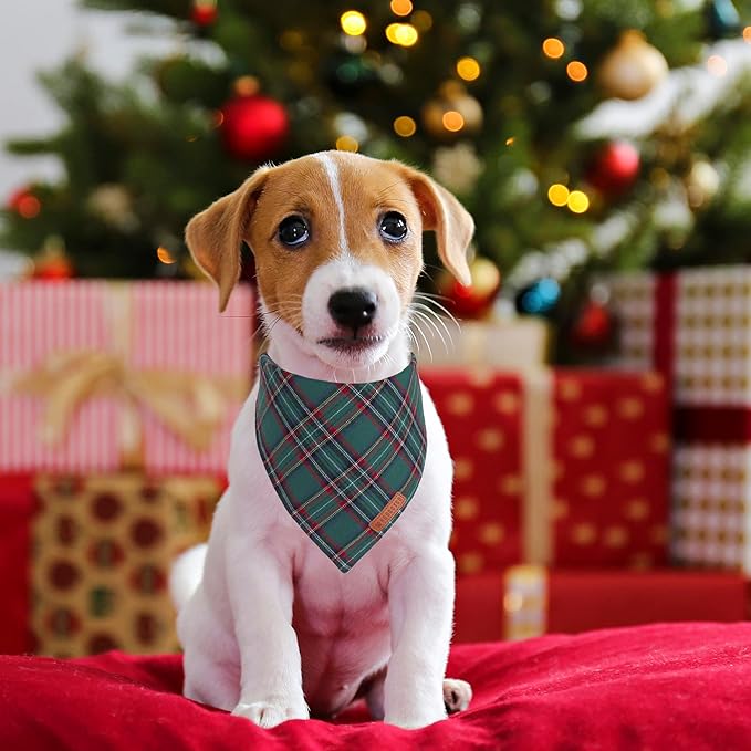 ADOGGYGO Christmas Dog Bandana 2 Pack, Stylish Plaid Pet Scarf, Premium Cotton Fabric, Multiple Sizes Offered, Christmas Bandanas for Small Dogs Pets (Small)