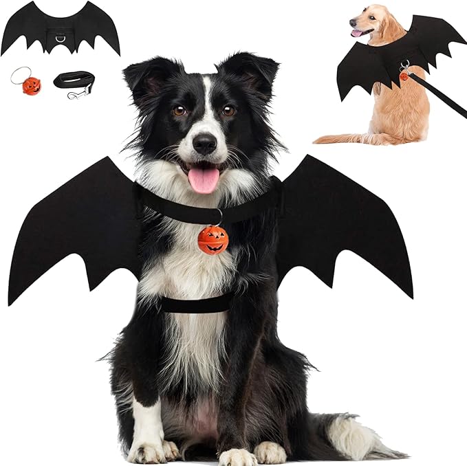 Dog Bat Wings Halloween Pet Costume 3PCS Funny Cat Dog Wings with Leash Pumpkin Jingle Bell Cosplay Bat Clothes for Small Medium Large Dogs Puppy Holiday Outfit Dress (X-Large)