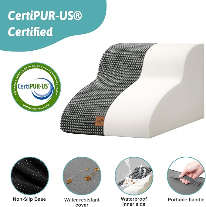 Dog Stairs for Small Dogs 11.8" H, Pet Step with Leakproof Cover, High Density Foam Cat Ramp for Chair or Sofa, Lightweight, Durable, Comfort, 15.7x19.7x11.8 inch, 2 Step, Dark Grey