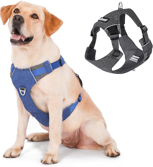 Dog Harness, Easy Walk Pet Harness No Pull with 2 Leash Clips, Reflective Running Soft Padded Adjustable Puppy Vest, Heavy Duty Seatbelt Harness for Car for Small Dogs (Blue, XL)