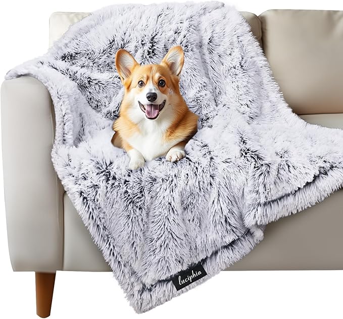 Luciphia Large Waterproof Dog Blanket for Pet Washable Liquid Proof Furniture Protector Shaggy Plush Calming Long Faux Fur Bed Cover for Couch Calming Cat Blankets for Medium, Mist Grey, 40" x 50"