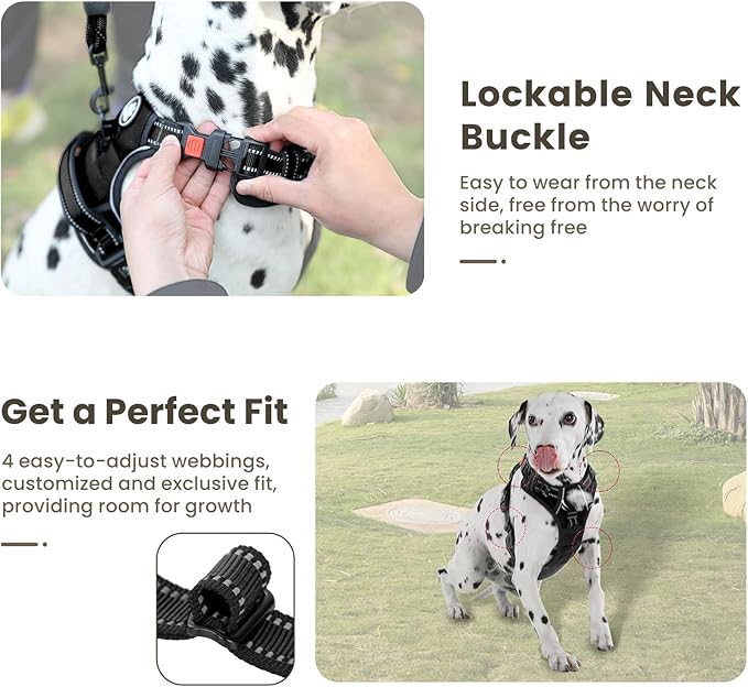 FURRYFECTION Dog Harness | No Pull Dog Harness | Reflective Oxford | Padded Handle | 4 Adjustable Straps | 2 Leash Clips | No Choke Pet Vest Harness for Small Medium Large Dogs | Black | L
