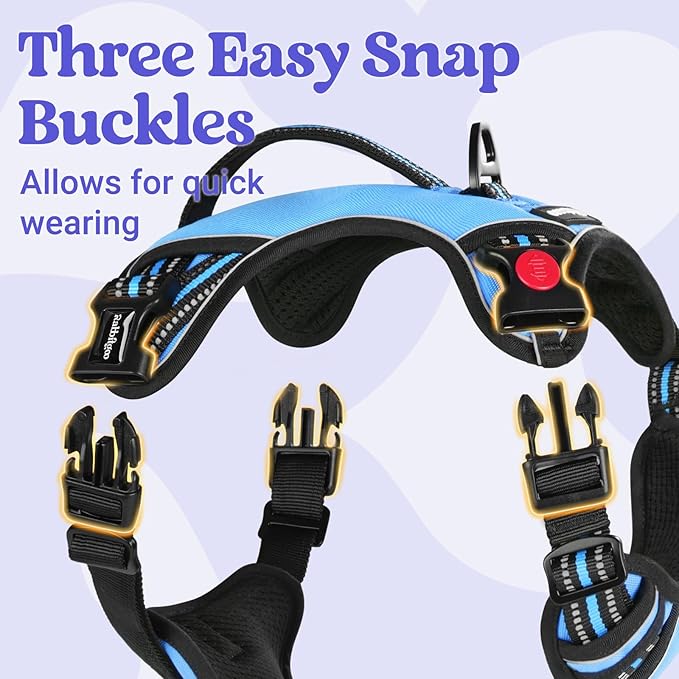 rabbitgoo Dog Harness Medium Sized, No Pull Pet Harness with Soft Padded Handle, Adjustable Reflective Vest with 3 Buckles, Easy Walking Harness with 2 Leash Clips, Light Blue, M