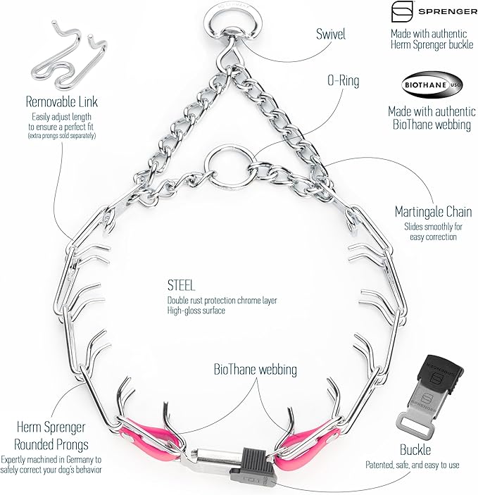 Herm Sprenger Chrome Plated Steel Dog Collar with Quick Release ClicLock Buckle and Biothane Insert Training Collar for Dogs Made in Germany (Passionfruit Pink, 23in x 3.2mm(Neck Size up to19-20in))