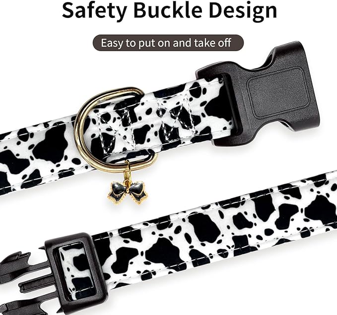 Cotton Dog Collar,Soft and Cute Puppy Collars with Crow Patterned Design for Girl Female Boy Dogs,Adjustable Buckle Pet Collar for Small Medium Large Dogs (Cow Print, Medium)