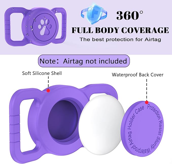SANKALA Airtag Dog Collar Holder, [1 Pack] Waterproof Dog Airtag Holder, Silicone Full Body Covered Anti-Lost Protective Apple Air Tag Holder for Pet Collar - Fits All Width Collars, Dark Purple