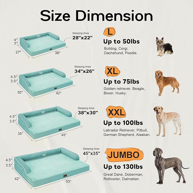 Orthopedic Washable Large Dog Bed, Dog Beds with Removable Cover, Large X XL Pet with Bolster, Washable Aqua Blue Dog Beds with Orthopedic Egg Foam for Medium Large Dogs