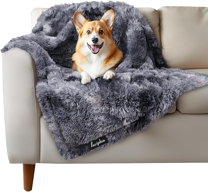 Luciphia Large Waterproof Dog Blanket for Pet Washable Liquid Proof Furniture Protector Shaggy Plush Calming Long Faux Fur Bed Cover for Couch Calming Cat Blankets for Medium, Tie-dye Grey, 40" x 50"