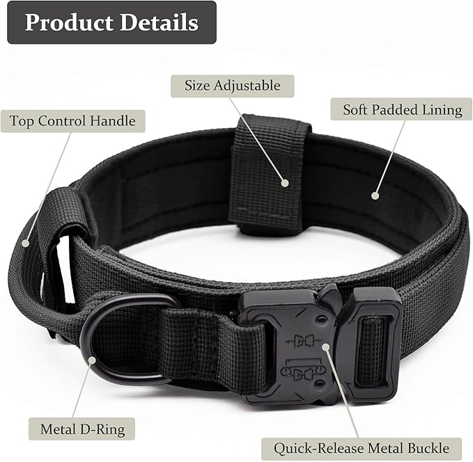 Tactical Dog Collar, Adjustable Military Training Nylon Dog Collar with Control Handle and Heavy Quick-Release Metal Buckle for Small Medium Large Dogs, Black M