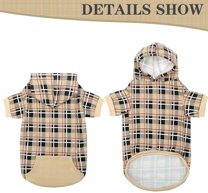 EXPAWLORER Plaid Dog Hoodie - British Style Warm Dog Sweater Shirt with Leash Hole,Pitbull Clothes Outfits,Winter Coat Apparel for All Breeds Puppy Girl Boy-Cat Apparel