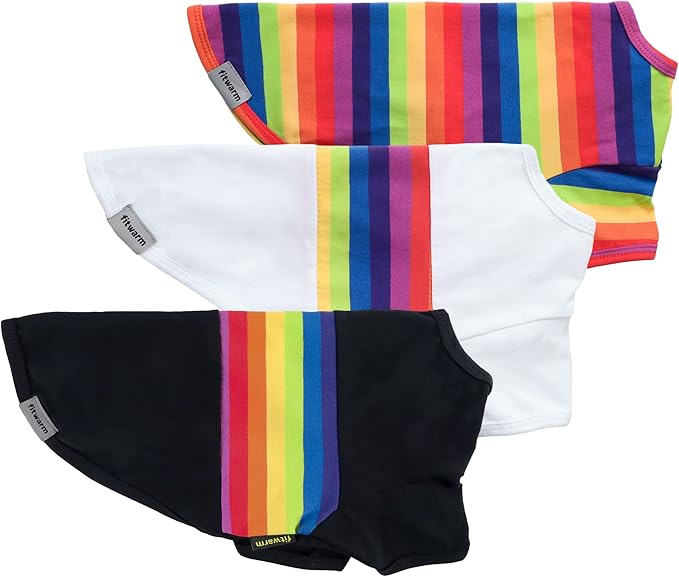 Fitwarm 3 Pack Rainbow Striped Dog Shirt, Dog Summer Clothes for Small Dogs Boy Girl, Breathable Lightweight Pet Tshirt with Sleeves, Cat Outfit, White, Black, Multicolored, Small