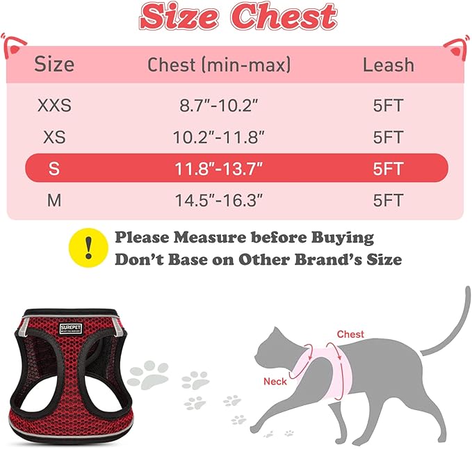 Cat Harness and Leash for Walking Escape Proof, Adjustable Kitten Vest Harness Reflective Soft Mesh Puppy Harness for Outdoor, Comfort Fit, Easy to Control (Red, S)