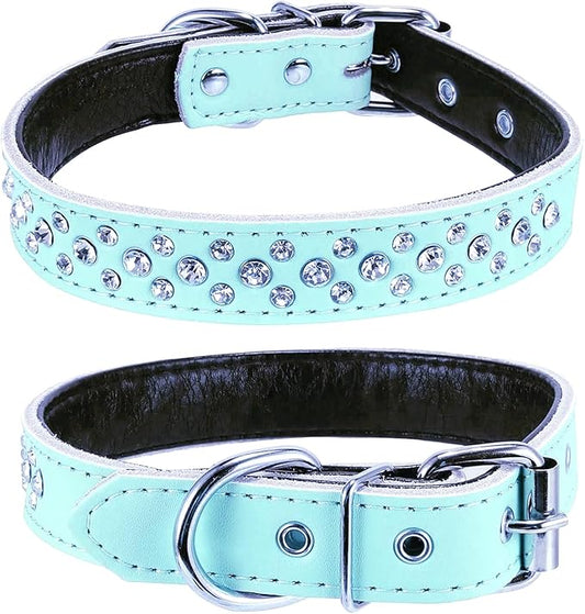 Rhinestone Dog Collar, Adjustable Cute Dazzling Sparkling Soft Leather Dog Collar Crystal Diamond Pet Dog Puppy Collar (M, Light Blue)