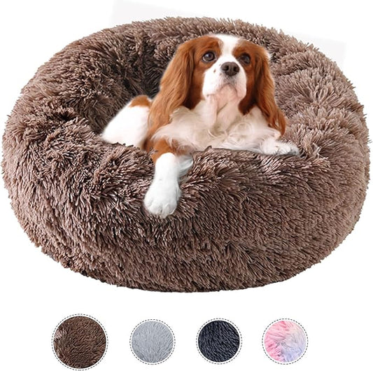 Dog Calming Beds for Small Medium Large Dogs - Round Donut Washable Puppy Dog Bed, Anti-Slip Faux Fur Fluffy Donut Cuddle Anxiety Cat Pet Bed(20'' Khaki