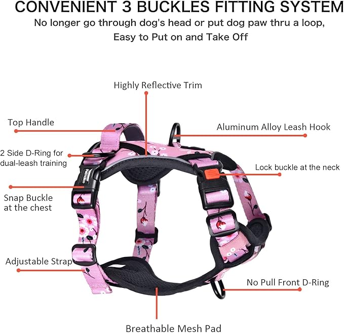 Petmolico Medium Dog Harness and Leash Set, No Choke 4 Leash Attachments Easy Control Handle Soft Padded Reflective Vest Dog Harness, Pink Plum