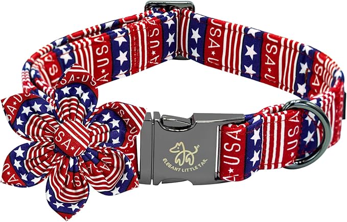 Elegant little tail Independence Dog Collar, Patriotic Pet Collar with Flower American 4th of July Pet Gift Cotton Soft Boy Girl Adjustable Collars for X-Large Dogs